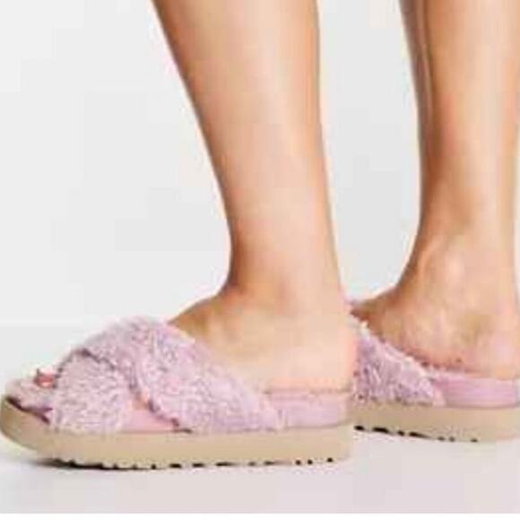 UGG Fuzz Sugar cross strap slide platform sandals in shell size 7 - Picture 6 of 14